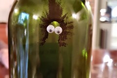 Picture of wine bottle with sediment inside and eyes stuck on to make it look like a face
