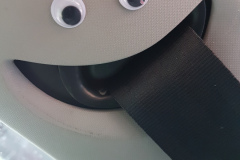 Bit where the seatbelt is attached to the side of the car with eyes stuck on it to make it look like a smily face