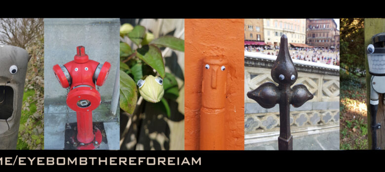 Header showing various items of street furniture with googly eyes stuck to them to make faces.