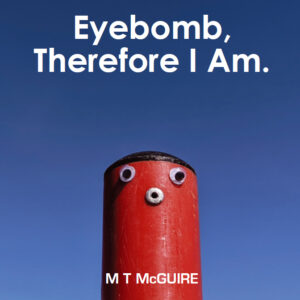 Picture of pole with eyes stuck to it to make it look like a face set against an azure blue sky. Title of book posted at top Eyebomb Therefore I am and author name at the bottom M T McGuire