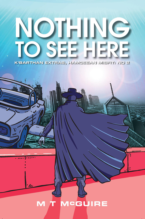 Book cover. cover shows a man in a cloak with his back to us looking out from a green parapet across a city. In front of him, half off screen, is a hovvering car with wings which, in this series, is called a snurd.