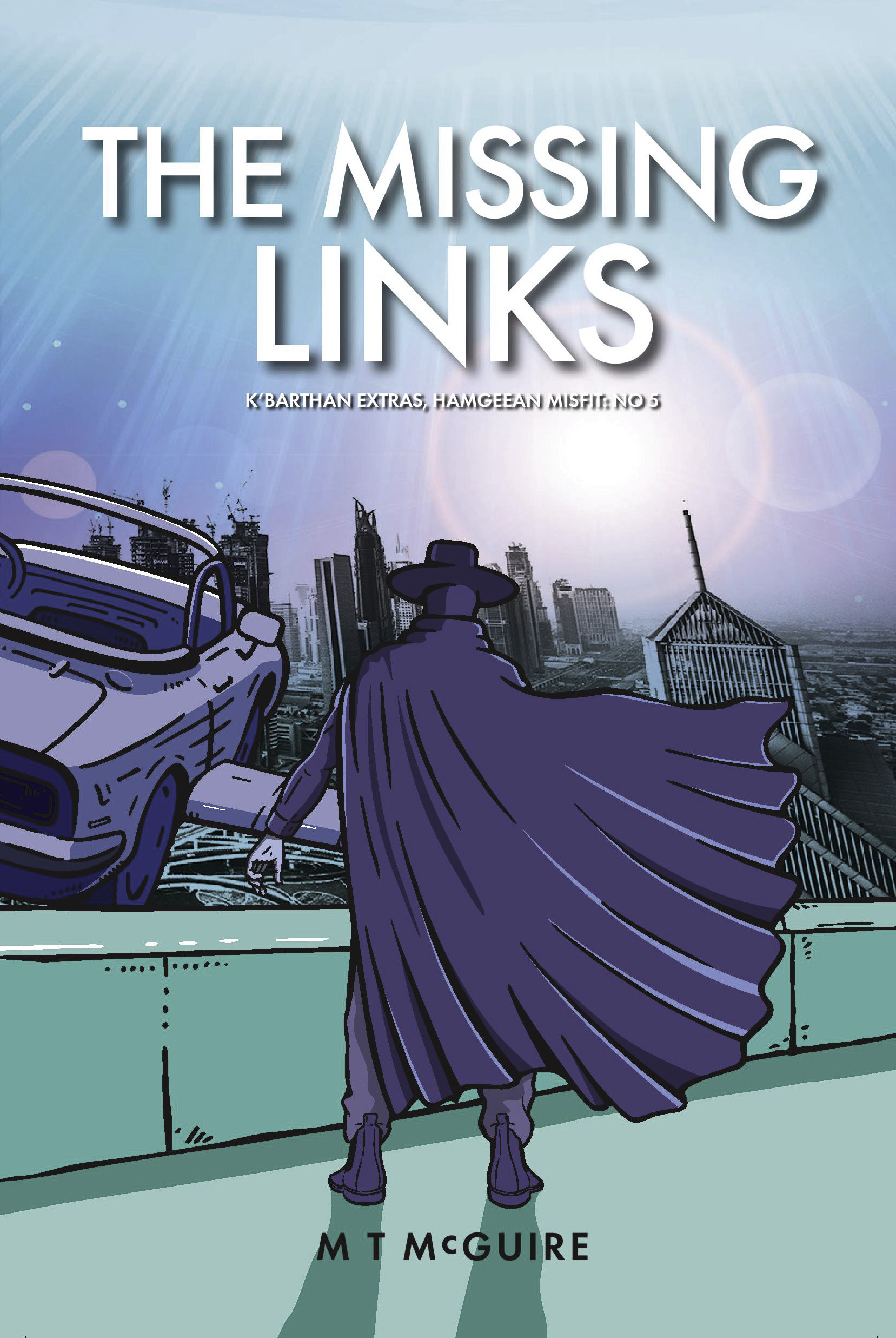 Book cover cover shows a man in a cloak with his back to us looking out from a green parapet across a city. In front of him, half off screen, is a hovvering car with wings which, in this series, is called a snurd.