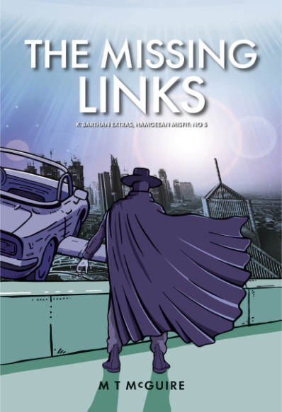 Book cover cover shows a man in a cloak with his back to us looking out from a green parapet across a city. In front of him, half off screen, is a hovering car with wings which, in this series, is called a snurd.