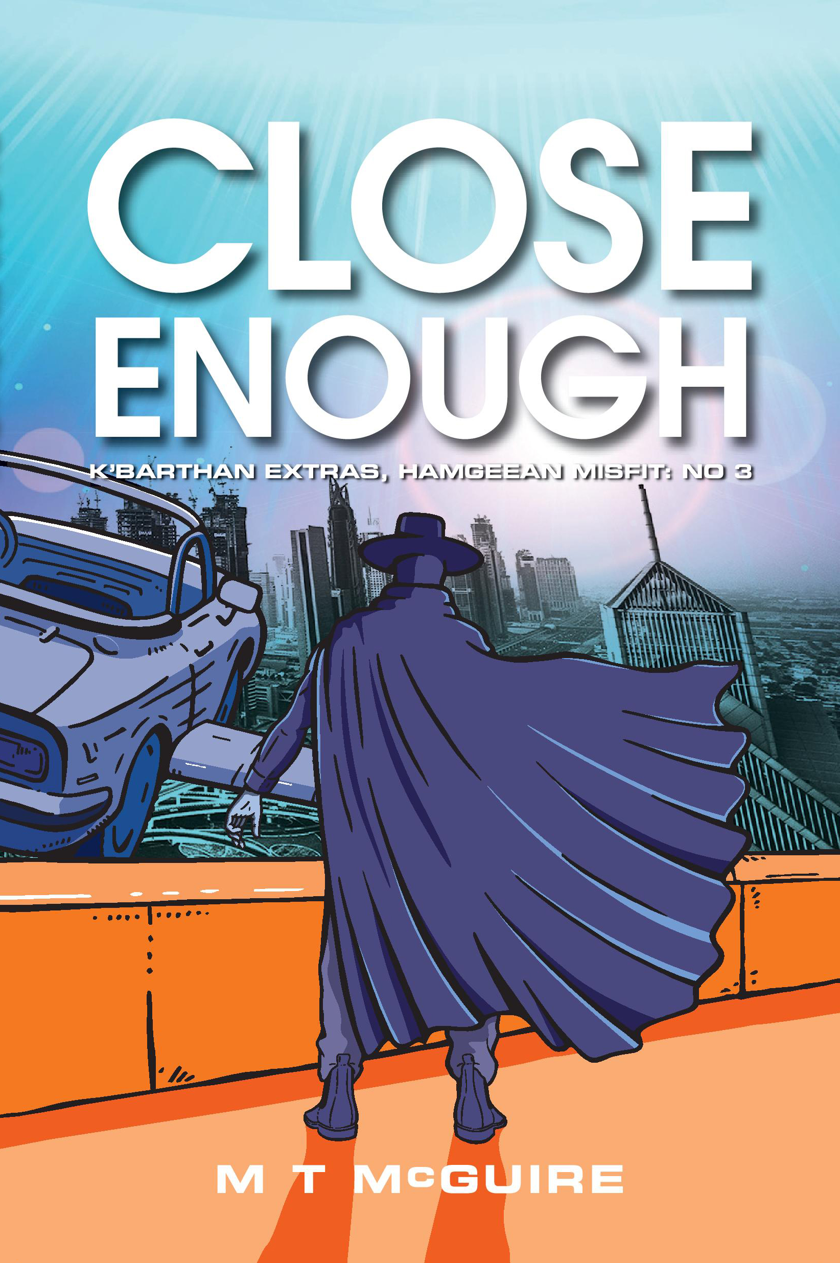 Book cover cover shows a man in a cloak with his back to us looking out from an orange parapet across a city. In front of him, half off screen, is a hovvering car with wings which, in this series, is called a snurd.