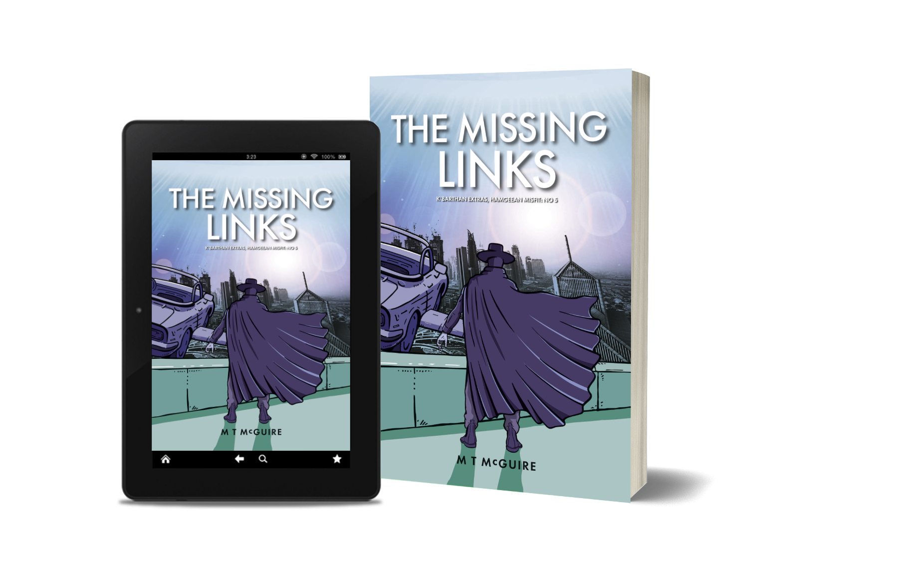 Picture of a book cover on a screen and an actual paperback set againast a white badkground. The cover shows a man in a cloak with his back to us looking out from a green parapet across a city. In front of him, half off screen, is a hovvering car with wings which, in this series, is called a snurd.